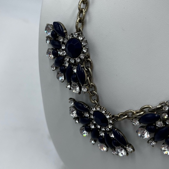 J. Crew Navy Blue and Clear Rhinestone Triple Fan Statement Bib Necklace - Picture 10 of 16